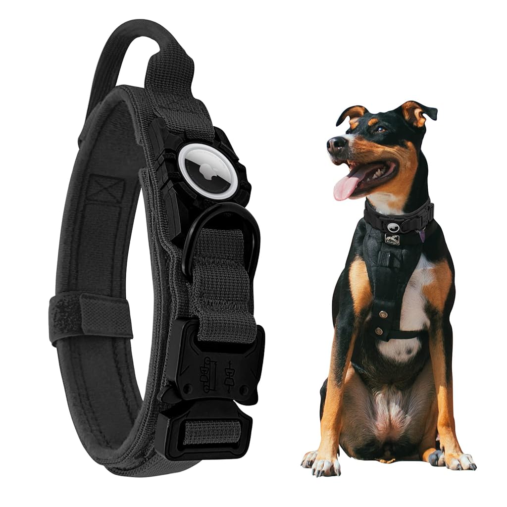 Qpets Tactical Dog Collar with AirTag Holder, 2 in 1 AirTag Dog Collar with Handle & D Ring, Anti-lost Intergrated AirTag Holder Design Quick Release Buckle Nylon Dog Collar (Neck Size 50-63CM) Qpets Tactical Dog Collar with AirTag Holder, 2 in 1 AirTag Dog Collar with Handle & D Ring, Anti-lost Intergrated AirTag Holder Design Quick Release Buckle Nylon Dog Collar (Neck Size 50-63CM)
